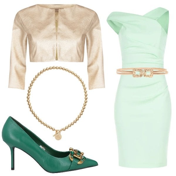 Outfit donna - Golden Green - Rinascimento SS26. Stile Chic per Cerimonia. Abbinamento con décolleté, vestiti asimmetrici, cinture, bolero, collane.