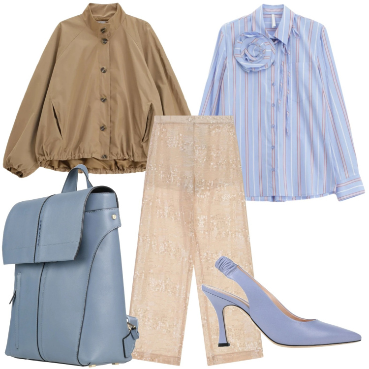 Outfit donna - Linee urbane. Stile Minimal per Tutti i giorni. Abbinamento con décolleté, zaini, pantaloni a palazzo, camicie, bomber.