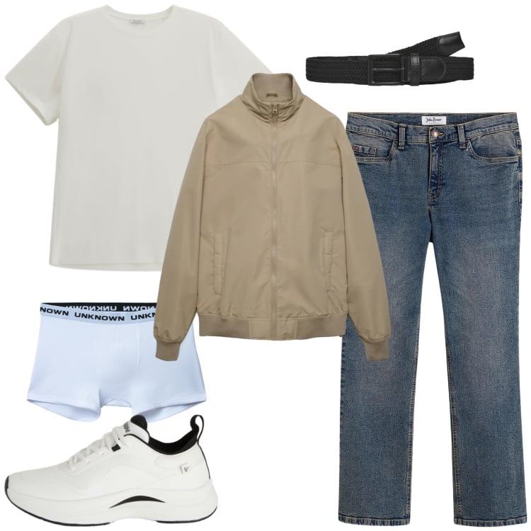 Outfit uomo - Total look #2358130. Stile Casual per Tutti i giorni. Abbinamento con jeans bootcut, t-shirt, cinture, boxer, bomber, sneakers.