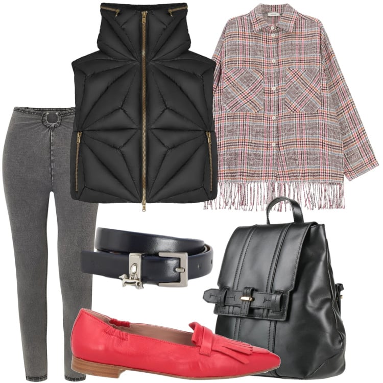 Outfit donna - Ventata di carattere. Stile Minimal per Tutti i giorni. Abbinamento con mocassini, zaini, cinture, camicie, jeggings, piumini.