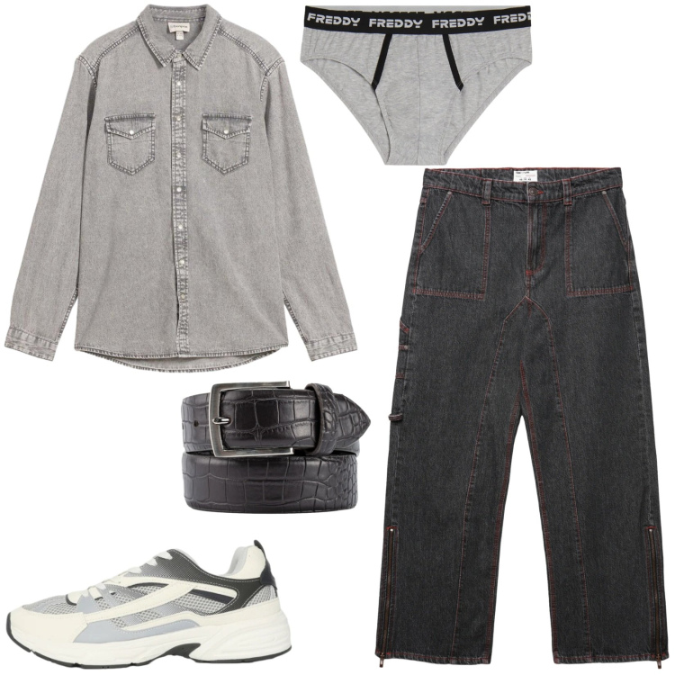 Outfit uomo - Total look #2358138. Stile Urban per Tutti i giorni. Abbinamento con camicie, jeans dritti, sneakers, slip, cinture.