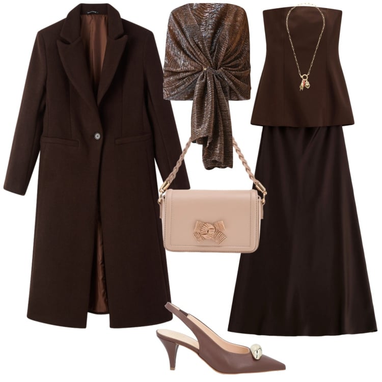 Outfit donna - Chic serata evento speciale. Stile Chic per Serata fuori. Abbinamento con décolleté, cappotti, vestiti lunghi, ciondoli, stole, pochette.