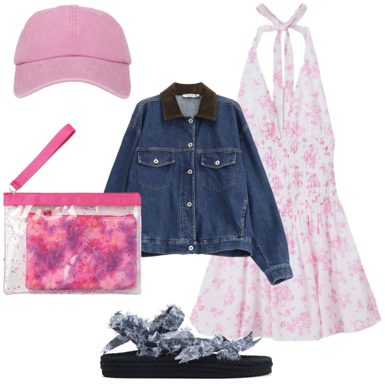 Outfit donna - Floreale. Stile Minimal per Tutti i giorni. Abbinamento con pochette, cappelli con visiera, vestiti corti, blazer, sandali.