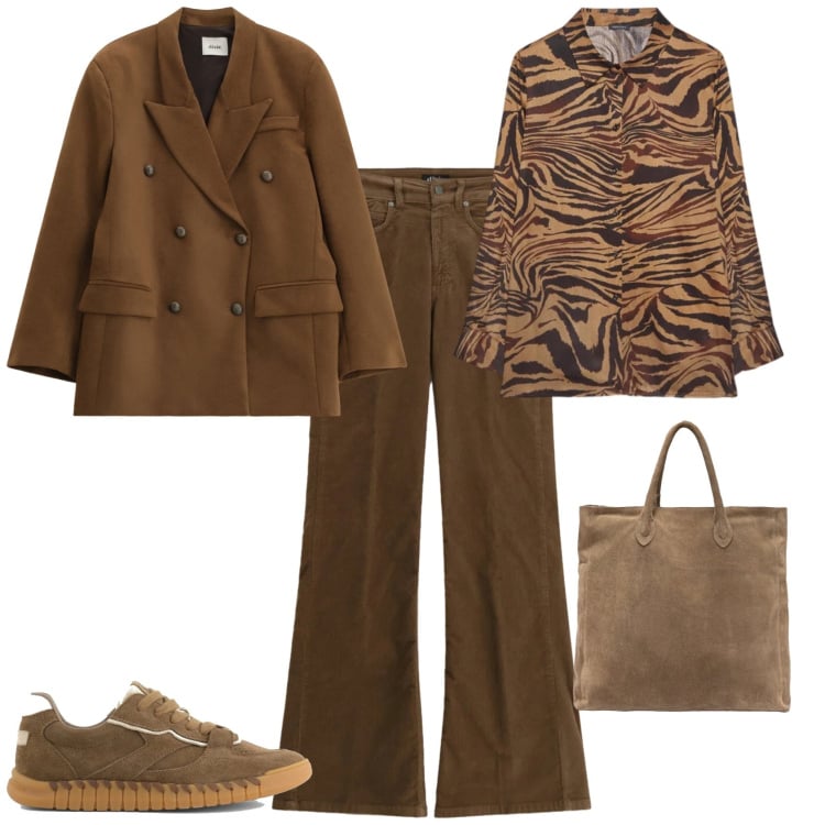 Outfit donna - Trendy ufficio tempo libero. Stile Trendy per Ufficio. Abbinamento con camicie, blazer, jeans, sneakers, borse a mano.