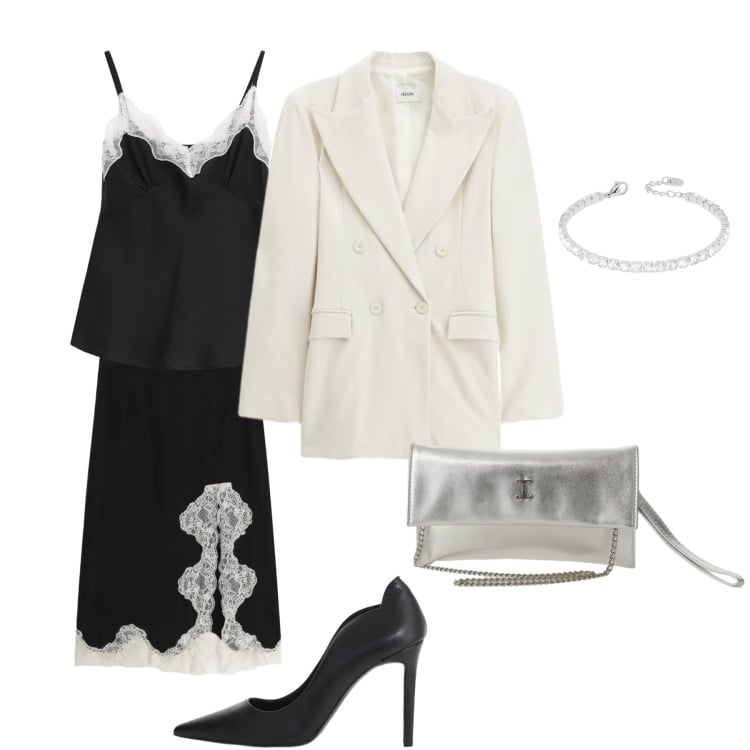 Outfit donna - Il mio anniversario. Stile Sexy per Serata fuori. Abbinamento con borse a tracolla, top, décolleté, blazer, gonne, braccialetti.