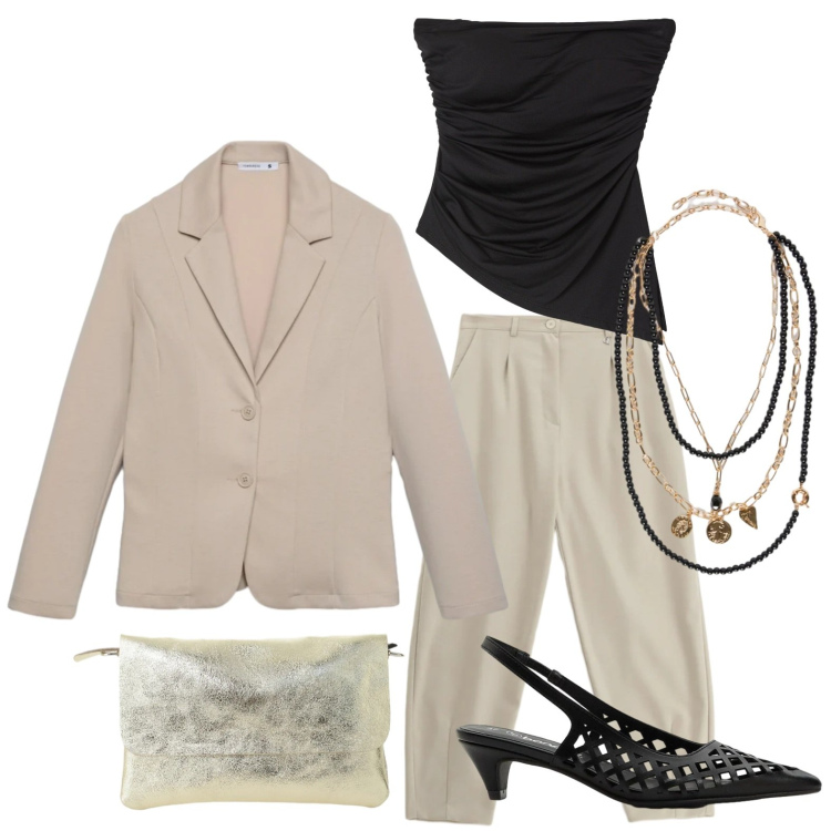 Outfit donna - Apericena glamour. Stile Basic per Serata fuori. Abbinamento con décolleté, blazer, top, collane, borse a spalla, pantaloni.