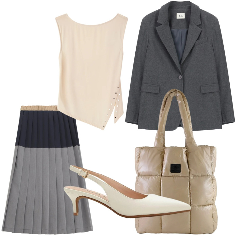 Outfit donna - Gonna plissettata. Stile Minimal per Tutti i giorni. Abbinamento con décolleté, top, gonne longuette, blazer, shopping bag.