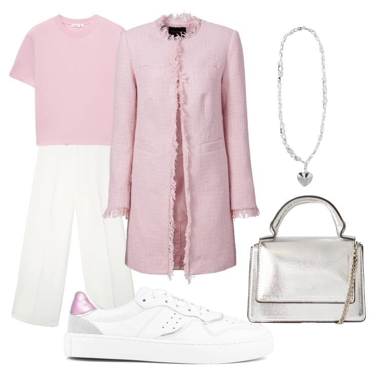 Outfit donna - Contrasti. Stile Sporty chic per Ufficio. Abbinamento con blazer, pantaloni, t-shirt, borse a tracolla, collane, sneakers.