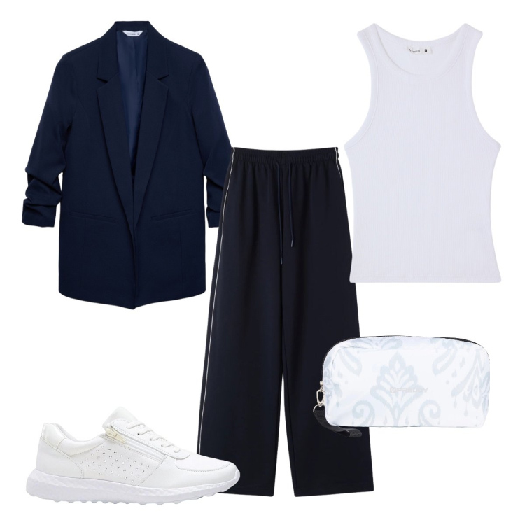 Outfit donna - Sporty chic in ufficio. Stile Sporty chic per Ufficio. Abbinamento con sneakers, pantaloni, blazer, canottiere, valigie.