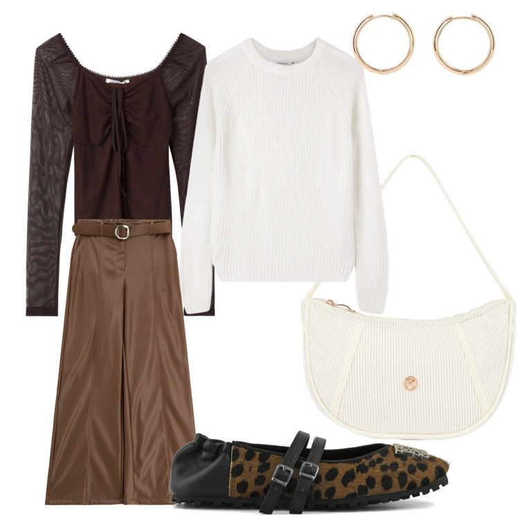 Outfit donna - Comoda e trendy. Stile Trendy per Tutti i giorni. Abbinamento con orecchini, maglieria, t-shirt, pantaloni, borse a mano, ballerine.