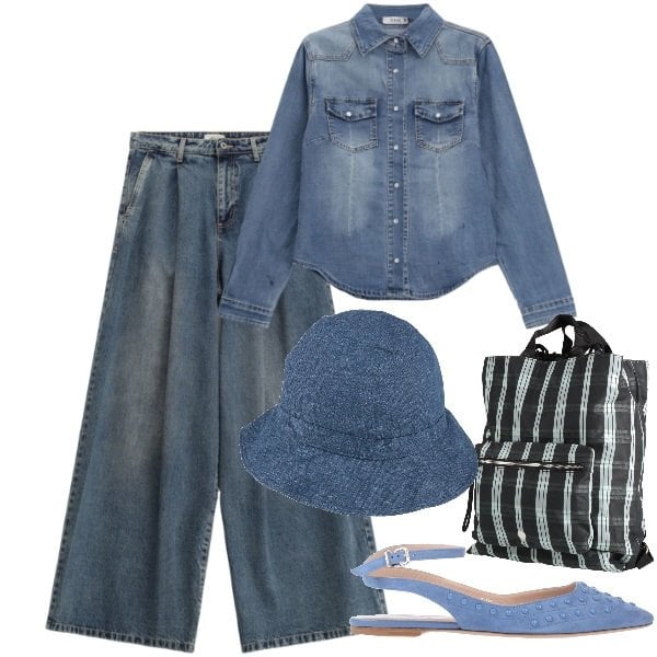 Outfit donna - Total look #2358180. Stile Casual chic per Tutti i giorni. Abbinamento con ballerine, zaini, cappelli, jeans, camicie.