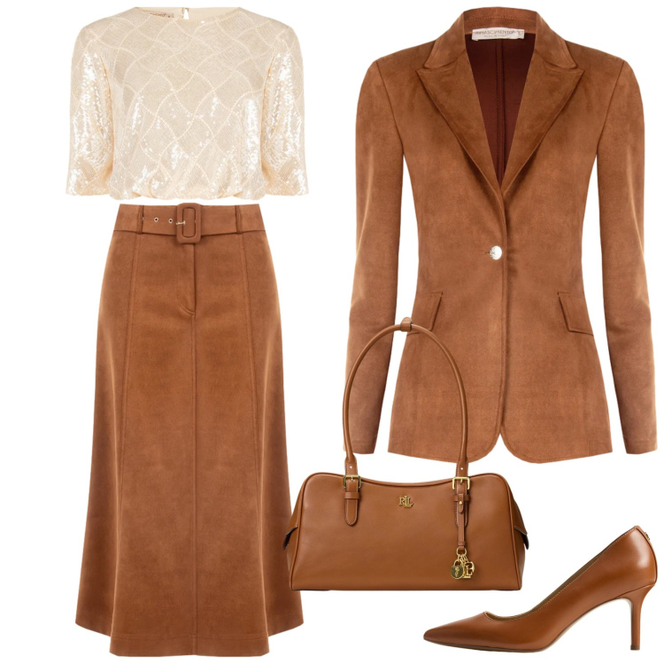 Outfit donna - Brown is new black. Stile Vintage retrò Abbinamento con gonne longuette, blazer, top, décolleté, borse a mano.