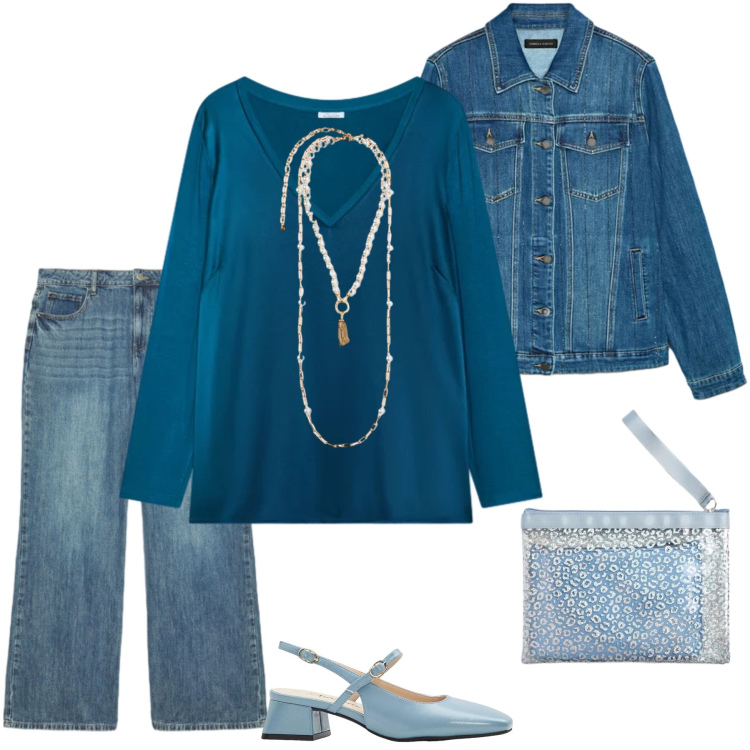 Outfit donna - Electric Denim. Stile Casual chic per Tutti i giorni. Abbinamento con décolleté, pochette, jeans, collane, blazer, bluse.
