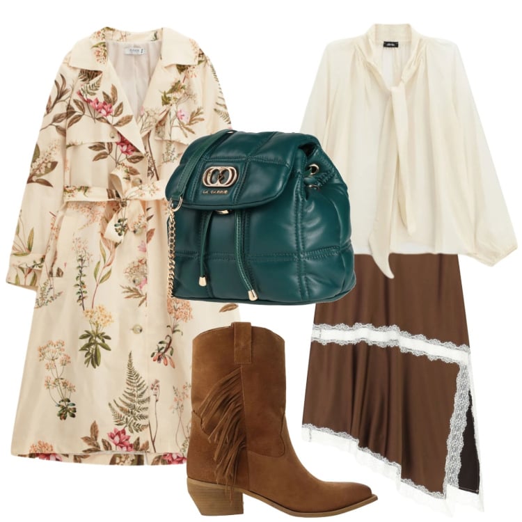 Outfit donna - Un trench a marzo. Stile Basic per Tutti i giorni. Abbinamento con valigie, gonne longuette, bluse, stivali, trench.