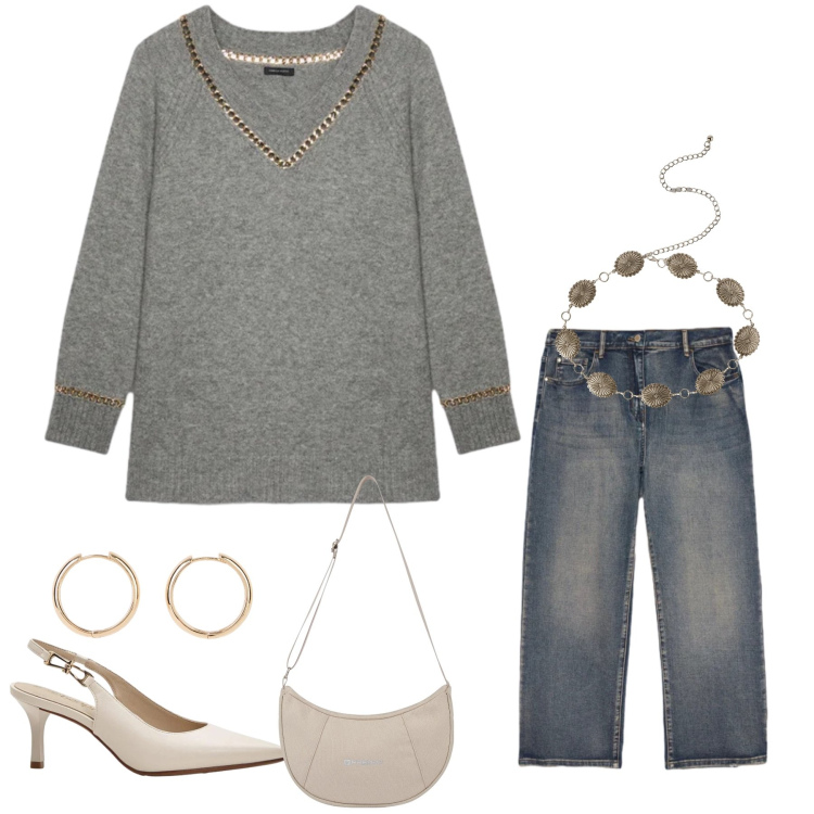 Outfit donna - Eleganza Materica e Bagliori Metallici. Stile Casual chic per Tutti i giorni. Abbinamento con décolleté, orecchini, cinture, maglieria, jeans, borse a spalla.