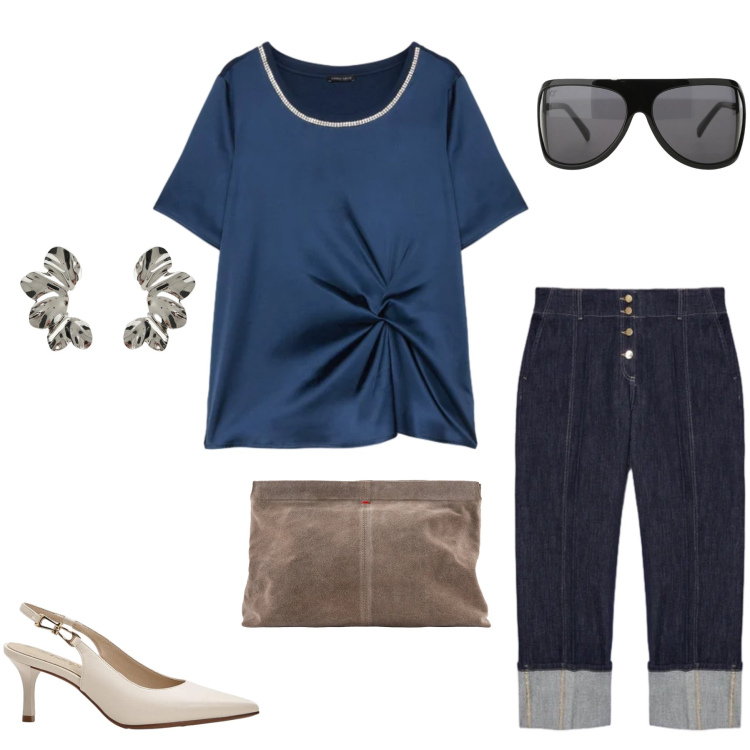 Outfit donna - Riflessi Satinati e Denim Sartoriale. Stile Casual chic per Tutti i giorni. Abbinamento con décolleté, occhiali da sole, jeans, bluse, orecchini, pochette.