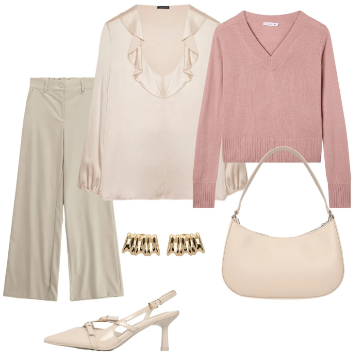 Outfit donna - Total look #2358209. Stile Chic per Ufficio. Abbinamento con maglieria, décolleté, borse a tracolla, bluse, pantaloni a palazzo, orecchini.