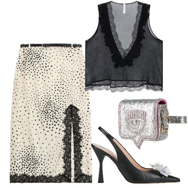 Outfit donna - Serata trasparenze. Stile Glamour per Serata fuori. Abbinamento con décolleté, marsupi, gonne longuette, top.