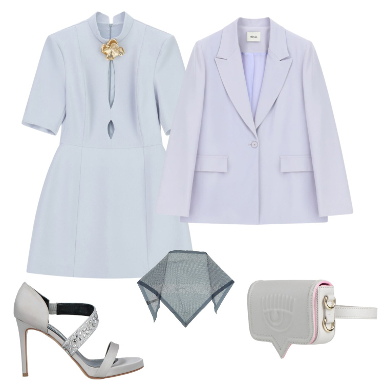 Outfit donna - Total look #2358213. Stile Chic per Cerimonia. Abbinamento con marsupi, stole, sandali in pelle, vestiti corti, blazer.