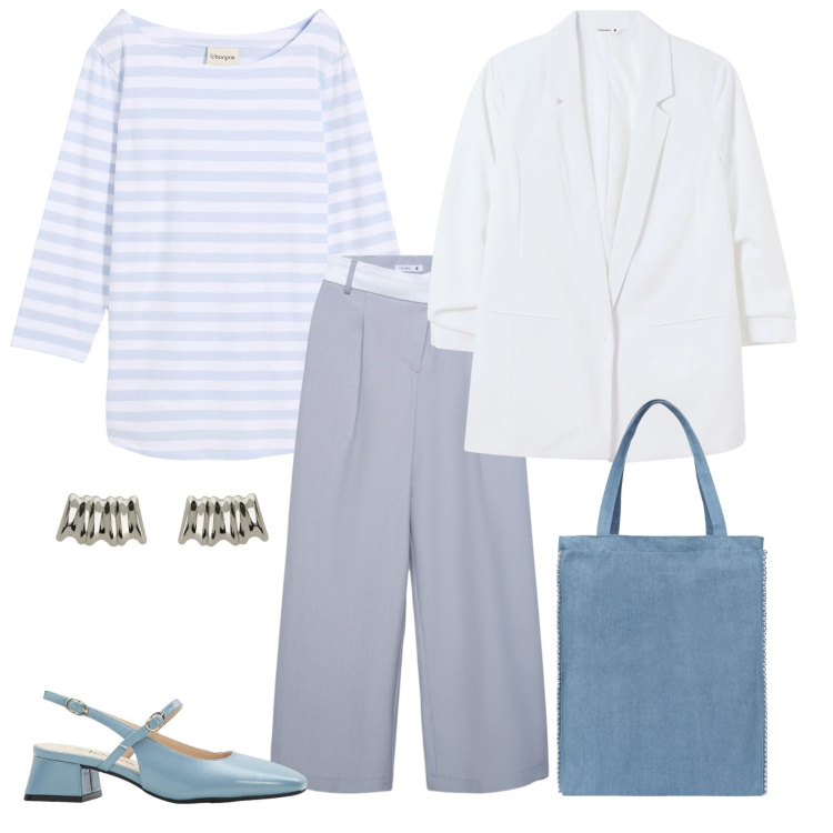 Outfit donna - Total look #2358216. Stile Casual chic per Ufficio. Abbinamento con maglieria, décolleté, blazer, borse tote, pantaloni, orecchini.