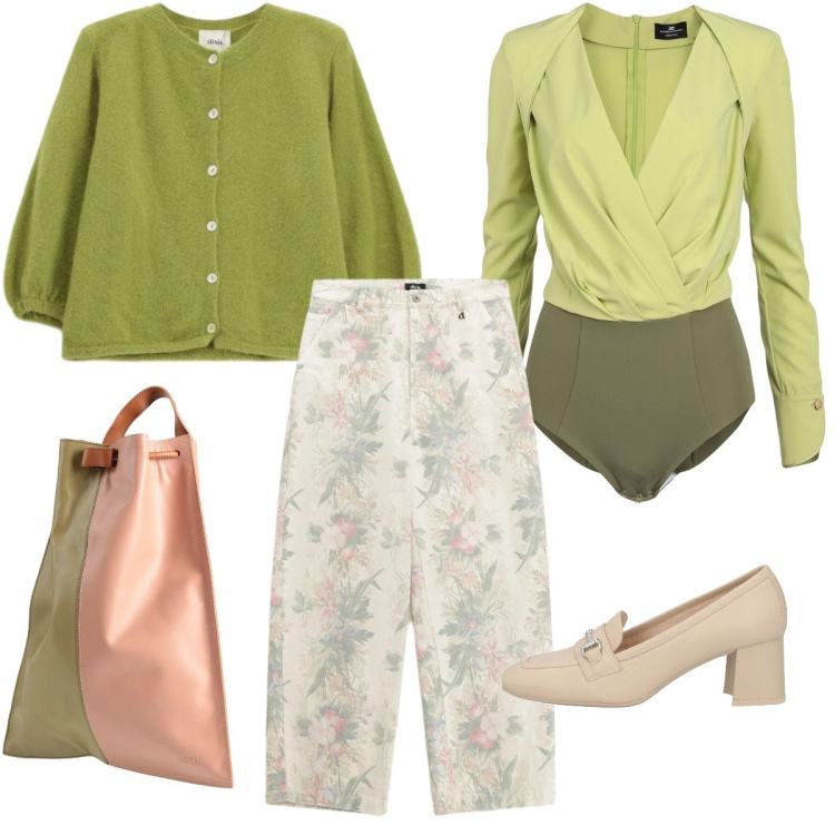 Outfit donna - I giardini di Marzo. Stile Casual chic per Tutti i giorni. Abbinamento con body, mocassini, zaini, pantaloni a palazzo, cardigans.