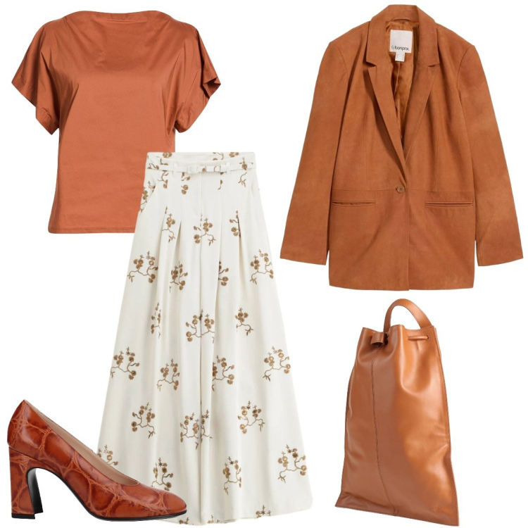 Outfit donna - Tramonto primaverile. per Tutti i giorni. Abbinamento con décolleté, top, zaini, blazer, pantaloni a palazzo.