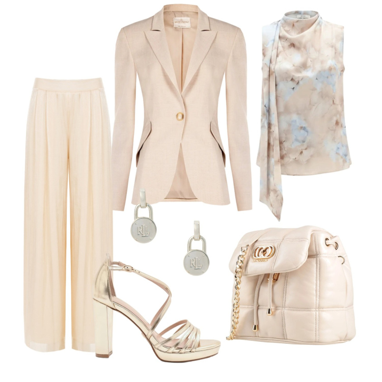 Outfit donna - Total look #2358228. Stile Chic per Cerimonia. Abbinamento con valigie, top, pantaloni a palazzo, blazer, sandali col tacco, orecchini.