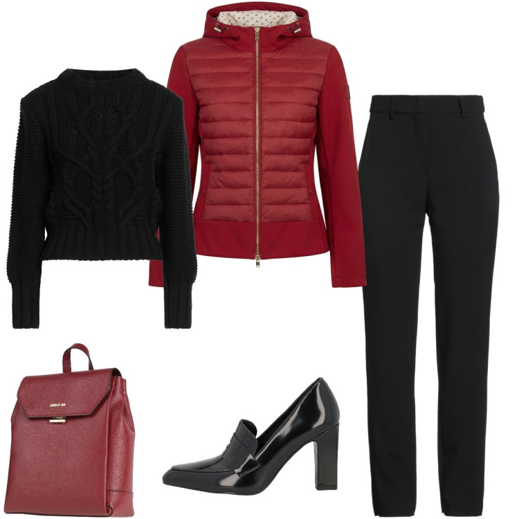 Outfit donna - Il rosso e il nero. Stile Casual chic per Serata fuori. Abbinamento con pullovers, zaini, mocassini, pantaloni, giacche.