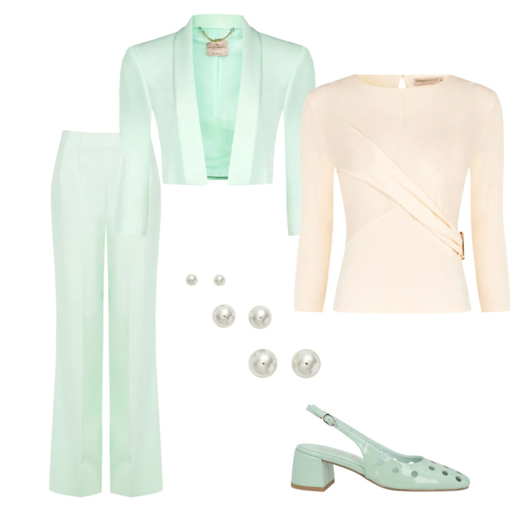 Outfit donna - Total look #2358231. Stile Chic per Cerimonia. Abbinamento con décolleté, bluse, bolero, pantaloni a palazzo, orecchini.