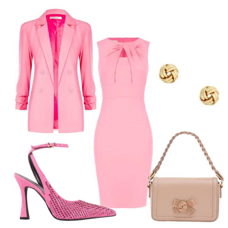 Outfit donna - Cerimonia in rosa. Stile Chic per Cerimonia. Abbinamento con décolleté, vestiti a tubino, pochette, blazer, orecchini.
