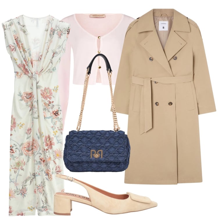 Outfit donna - Fantasie floreali a marzo. Stile Bon Ton per Ufficio. Abbinamento con décolleté, vestiti lunghi, trench, cardigans, borse a spalla.