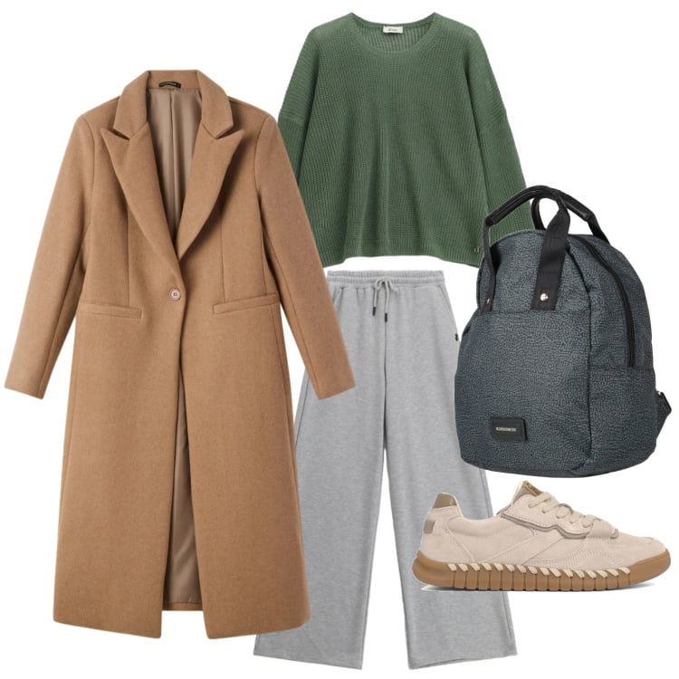 Outfit donna - Cappotto tabacco. Stile Trendy per Ufficio. Abbinamento con zaini, cappotti, maglieria, pantaloni, sneakers.