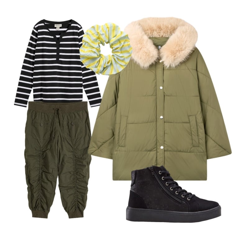 Outfit donna - Freddo in città. Stile Military per Tutti i giorni. Abbinamento con sneakers alte, pantaloni capri, maglieria, piumini, accessori per capelli.