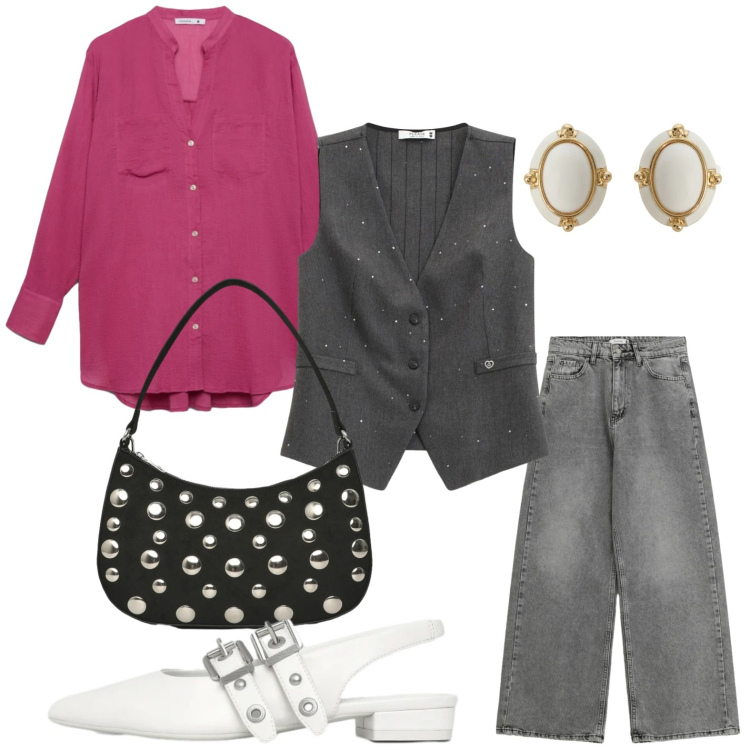 Outfit donna - Gilet con applicazioni. Stile Minimal per Tutti i giorni. Abbinamento con ballerine, camicie, borse a tracolla, orecchini, gilet, jeans.