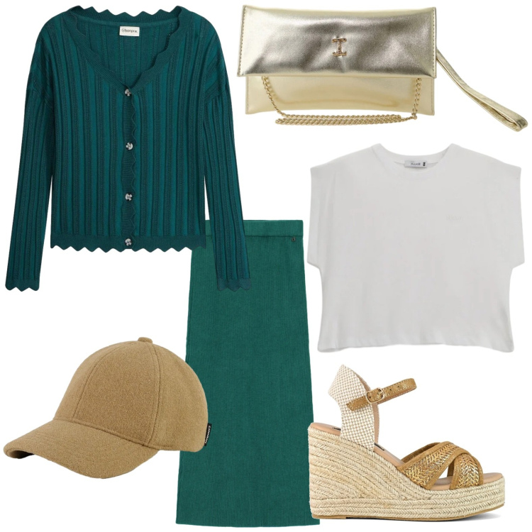 Outfit donna - Dinamica. Stile Trendy per Tutti i giorni. Abbinamento con cardigans, borse a tracolla, gonne lunghe, top, cappelli, zeppe.