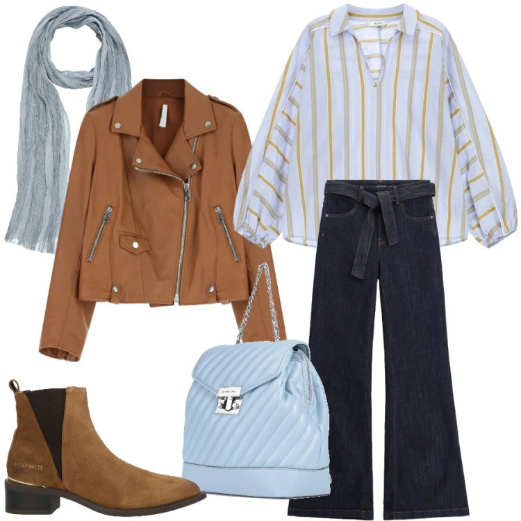 Outfit donna - Total look #2358260. Stile Urban per Tutti i giorni. Abbinamento con zaini, stivaletti texani, sciarpe, giacche, bluse, jeans a zampa.