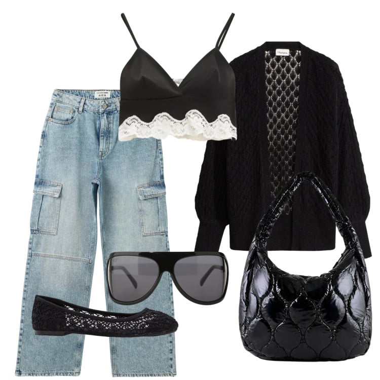 Outfit donna - Marzo. Stile Trendy per Tutti i giorni. Abbinamento con cardigans, ballerine, jeans, occhiali da sole, top, borse tote.