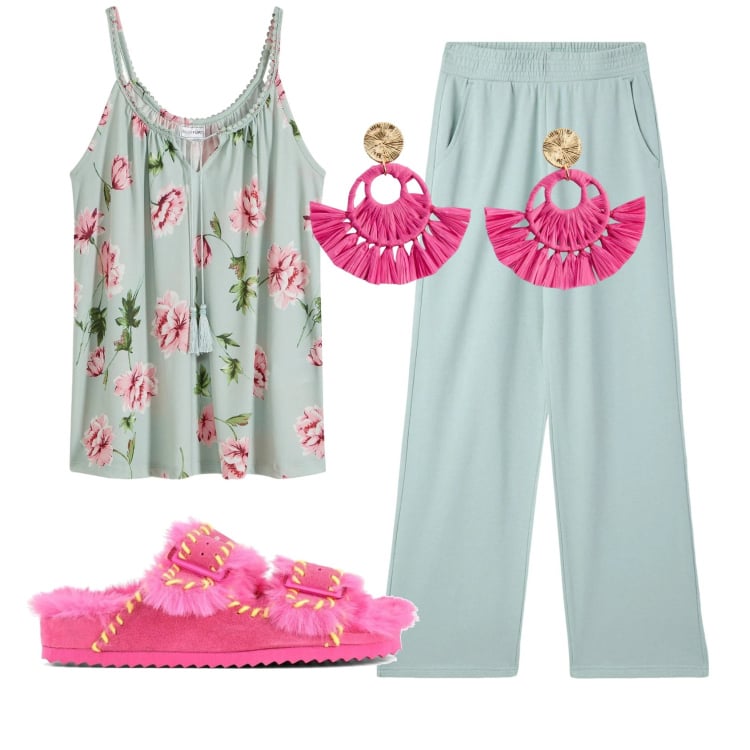 Outfit donna - Total look #2358275. Stile Romantica per Tutti i giorni. Abbinamento con top, orecchini, pantaloni, ciabatte.