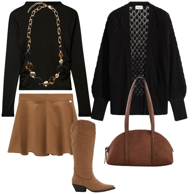 Outfit donna - Aperitivo. Stile Trendy per Tutti i giorni. Abbinamento con stivali, borse a tracolla, cardigans, t-shirt, minigonne, collane.