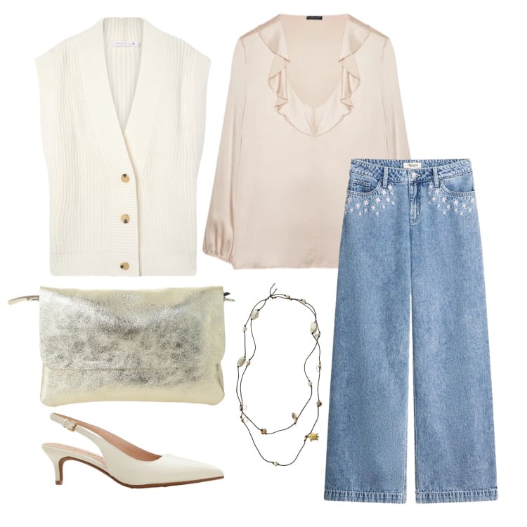 Outfit donna - Marzo. Stile Casual chic per Tutti i giorni. Abbinamento con jeans, décolleté, gilet, bluse, borse a spalla, collane.