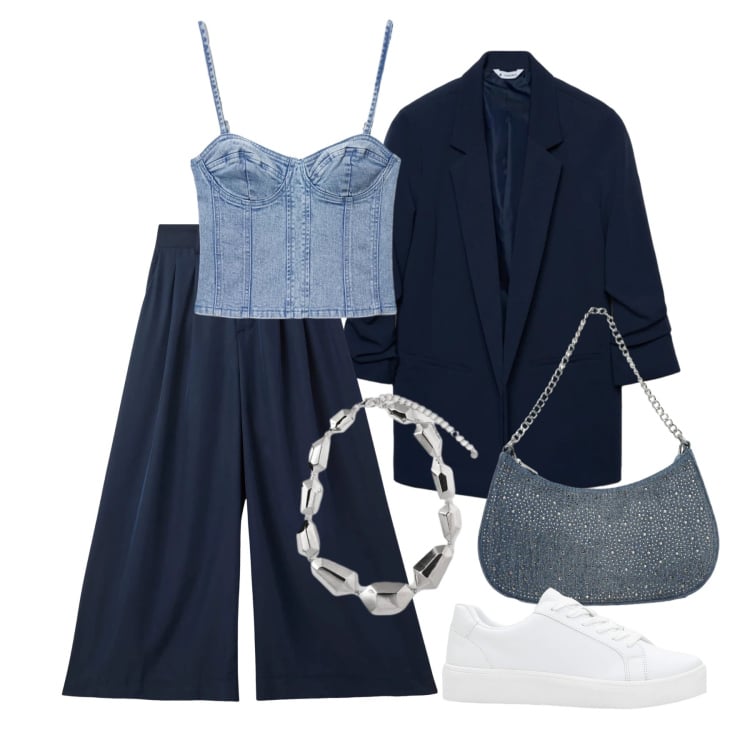 Outfit donna - Marzo. Stile Trendy per Tutti i giorni. Abbinamento con sneakers, pantaloni, blazer, top, borse a tracolla, ciondoli.