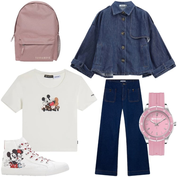 Outfit donna - A lezione con Topolino. Stile Urban per Scuola/Università. Abbinamento con sneakers alte, zaini, jeans, blazer, orologi, t-shirt.