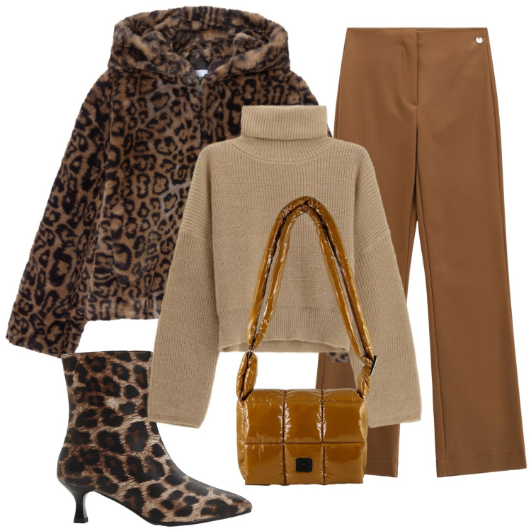 Outfit donna - Total look #2358309. Stile Trendy per Ufficio. Abbinamento con stivaletti, ecopellicce, maglieria, pantaloni, borse a spalla.