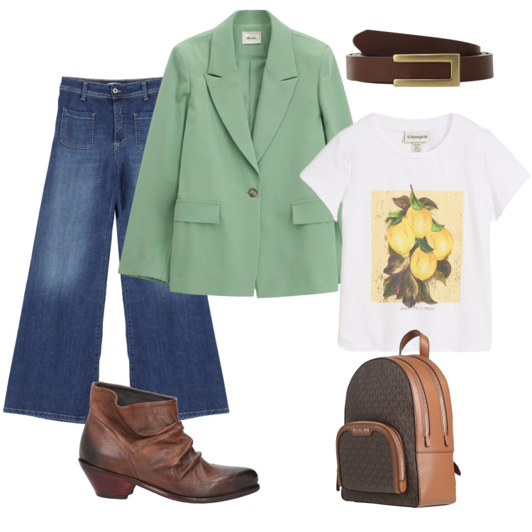 Outfit donna - Total look #2358312. Abbinamento con zaini, stivaletti texani, t-shirt, blazer, cinture, jeans.