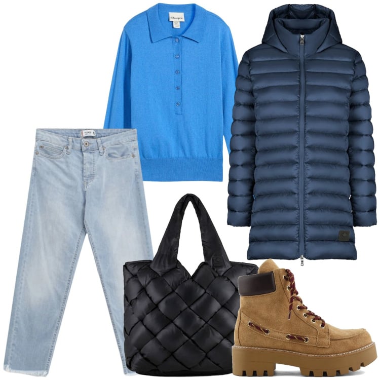 Outfit donna - Jeans e piumino. Stile Minimal per Tutti i giorni. Abbinamento con polo, jeans, piumini, borse tote, stivaletti.