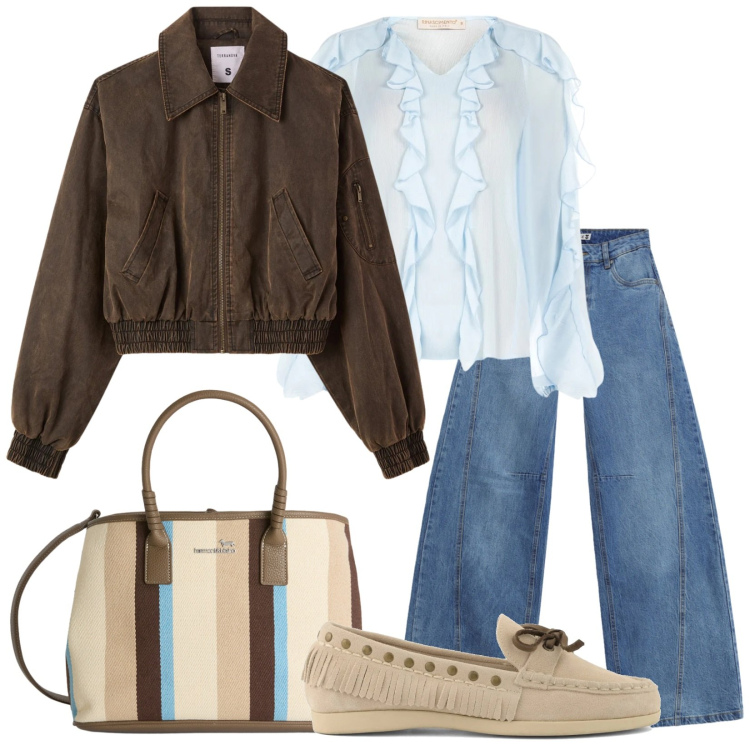 Outfit donna - Blu uranio. Stile Urban per Tutti i giorni. Abbinamento con shopping bag, bomber, jeans, bluse, mocassini.