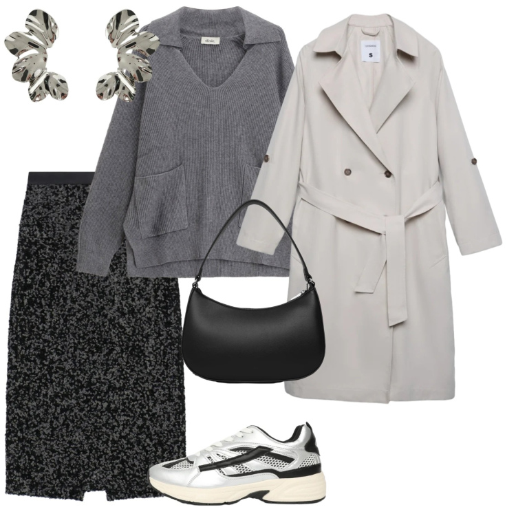 Outfit donna - In primavera il trench. per Ufficio. Abbinamento con sneakers, trench, borse a tracolla, gonne longuette, maglieria, orecchini.