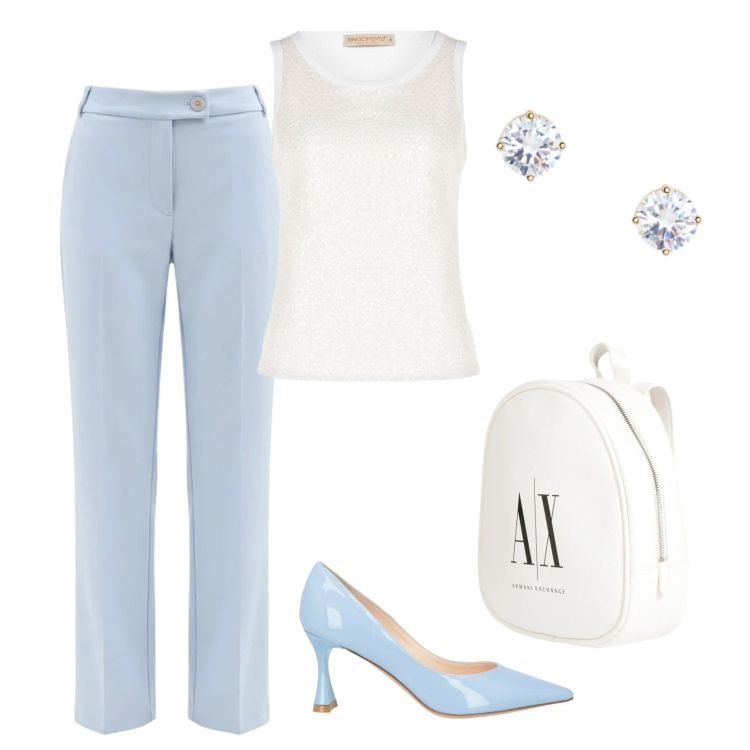 Outfit donna - Light Glamour. Stile Glamour per Ufficio. Abbinamento con zaini, décolleté, canottiere, pantaloni, orecchini.