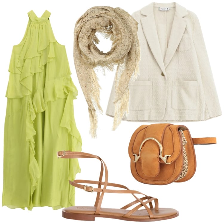 Outfit donna - Boho safari. Stile Boho per Serata fuori. Abbinamento con marsupi, stole, sandali in pelle, vestiti lunghi, blazer.