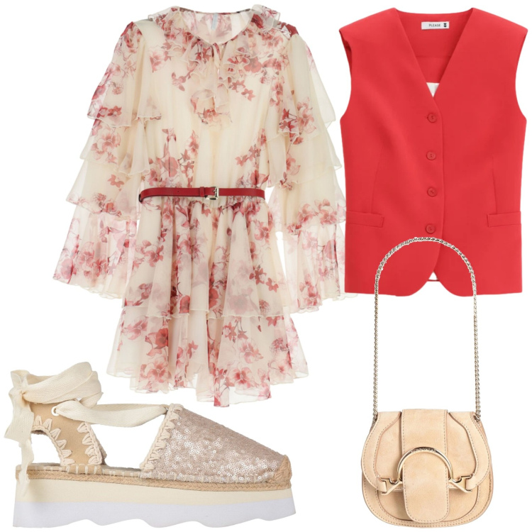 Outfit donna - Boho floreale. Stile Boho per Tutti i giorni. Abbinamento con marsupi, décolleté, vestiti corti, gilet.